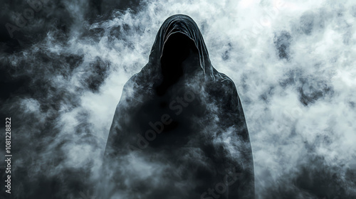 Mysterious cloaked figure in smoke, embodying enigma and intrigue, perfect for themes of darkness and the unknown. Enigma. Illustration