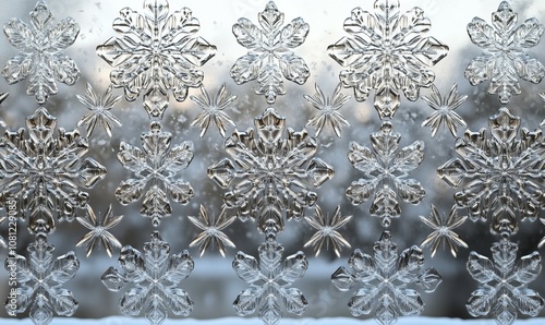 Snowflakes arranged in a precise, repeating pattern on a frosty window, with each flake unique yet part of a larger geometric design