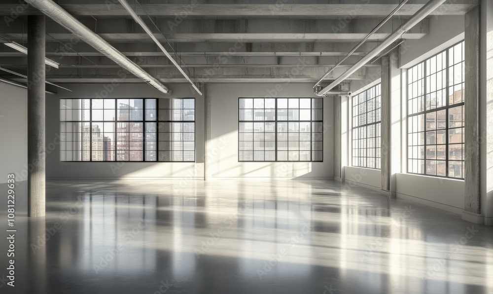 Spacious modern loft with large windows, exposed ductwork, and polished concrete floors. Spacious modern loft with large windows, exposed ductwork, and polished concrete floors.