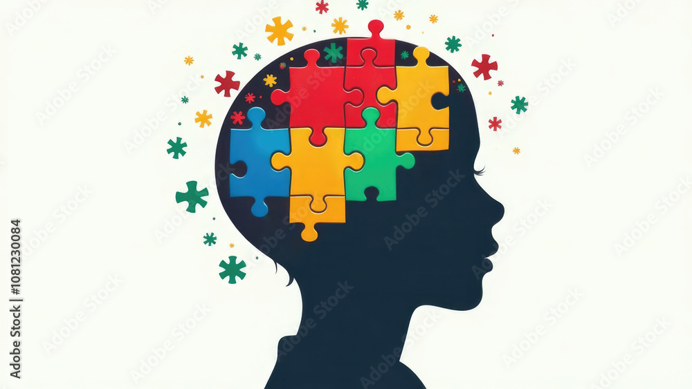 A silhouette of a child's head with colorful puzzle pieces inside represents the complexity and unique aspects of the autistic brain. World Autism Awareness Day A silhouette of a child's head with colorful puzzle pieces inside represents the complexity and unique aspects of the autistic brain. World Autism Awareness Day