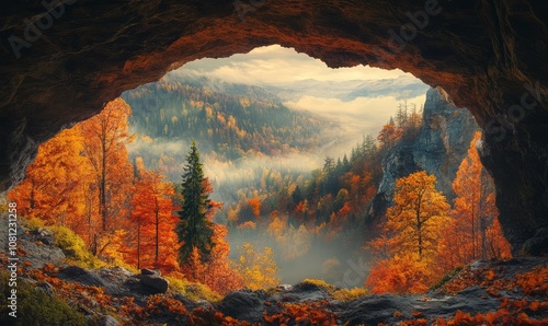 stunning view from cave entrance reveals vibrant autumn landscape filled with colorful trees