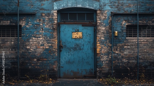 A blue door with a yellow sign on it is open.