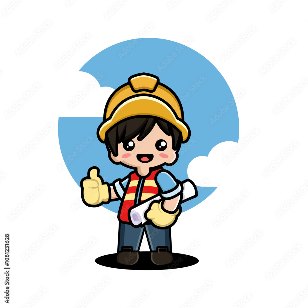 A cheerful cartoon construction worker with a helmet, vest, and blueprint, giving a thumbs up
A cheerful cartoon construction worker with a helmet, vest, and blueprint, giving a thumbs up