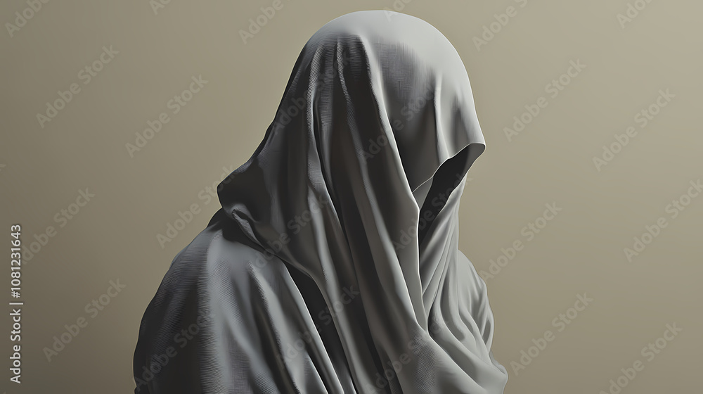 Mysterious hooded figure in grey, shrouded in fabric, creating a sense of intrigue, anonymity, and enigma against a neutral background. Enigma. Illustration Mysterious hooded figure in grey, shrouded in fabric, creating a sense of intrigue, anonymity, and enigma against a neutral background. Enigma. Illustration