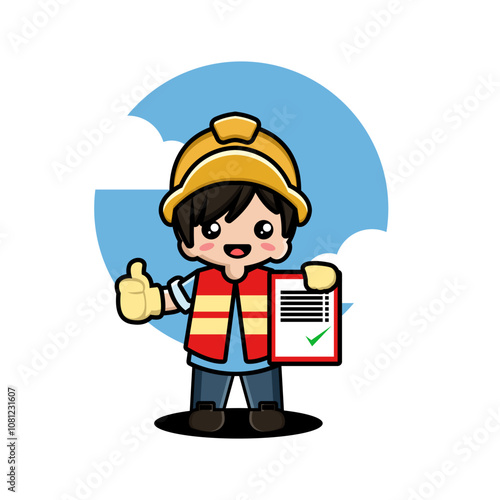 Cartoon worker in safety gear holding a checklist with a green checkmark, giving a thumbs up