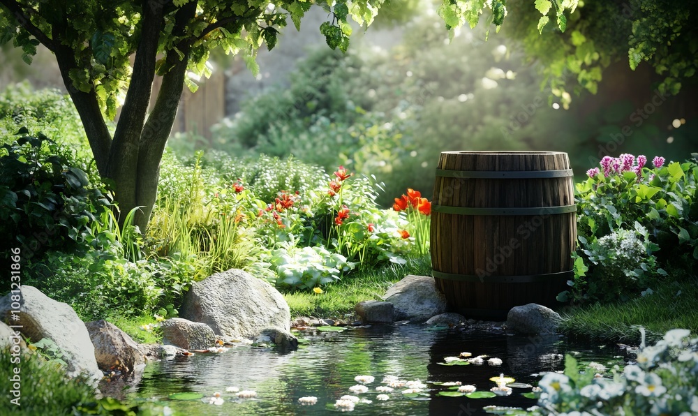 Sunlit garden with lush greenery and a wooden barrel next to a small pond Sunlit garden with lush greenery and a wooden barrel next to a small pond