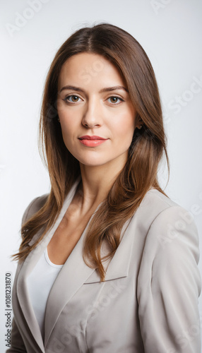 portrait of single business women on white background, close up of business women in suit