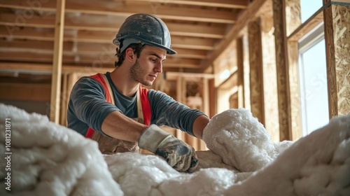 Construction Worker Installing Insulation in a New Home