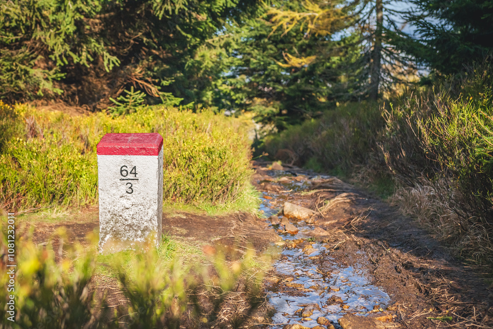Karkonosze Mountains, Western Sudetes, Polish-Czech border post on a mountain hiking trail leading through the forest along the state border.