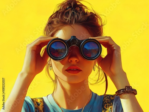 Woman looking through binoculars on yellow background. photo