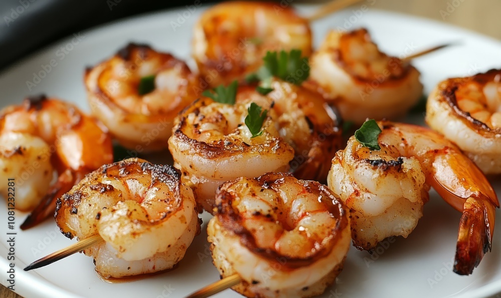 Tasty grilled shrimp on skewers, on a plate Tasty grilled shrimp on skewers, on a plate