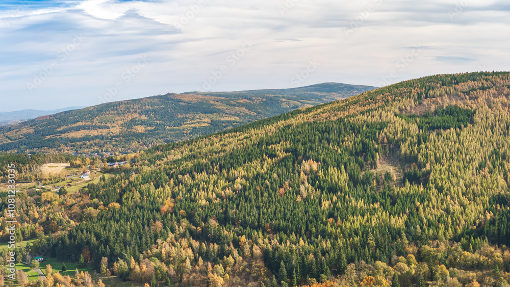 Karkonosze Mountains, Western Sudetes, vast mixed forest in the mountains, view from the observation tower on the top of Czerniawska Kopa mountain. Mountain landscape on a cloudy autumn day.