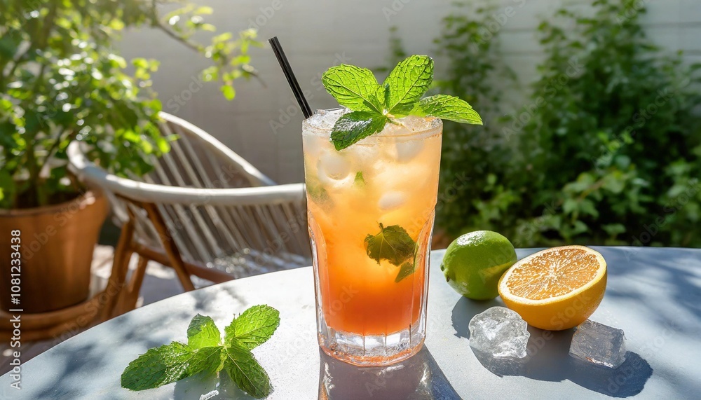 Refreshing Summer Cocktail Made With Freshly Squeezed Citrus Juice and Garnished With Mint Leaves, Served in a Tall Glass With Ice Cubes on a Sunlit Patio Table Refreshing Summer Cocktail Made With Freshly Squeezed Citrus Juice and Garnished With Mint Leaves, Served in a Tall Glass With Ice Cubes on a Sunlit Patio Table