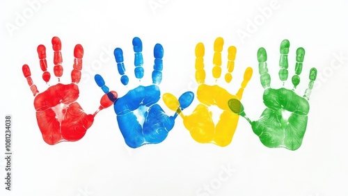 Four colorful handprints in red, blue, yellow, and green are arranged in a row on a white background, symbolizing the diversity within the autism spectrum.  World Autism Awareness Day