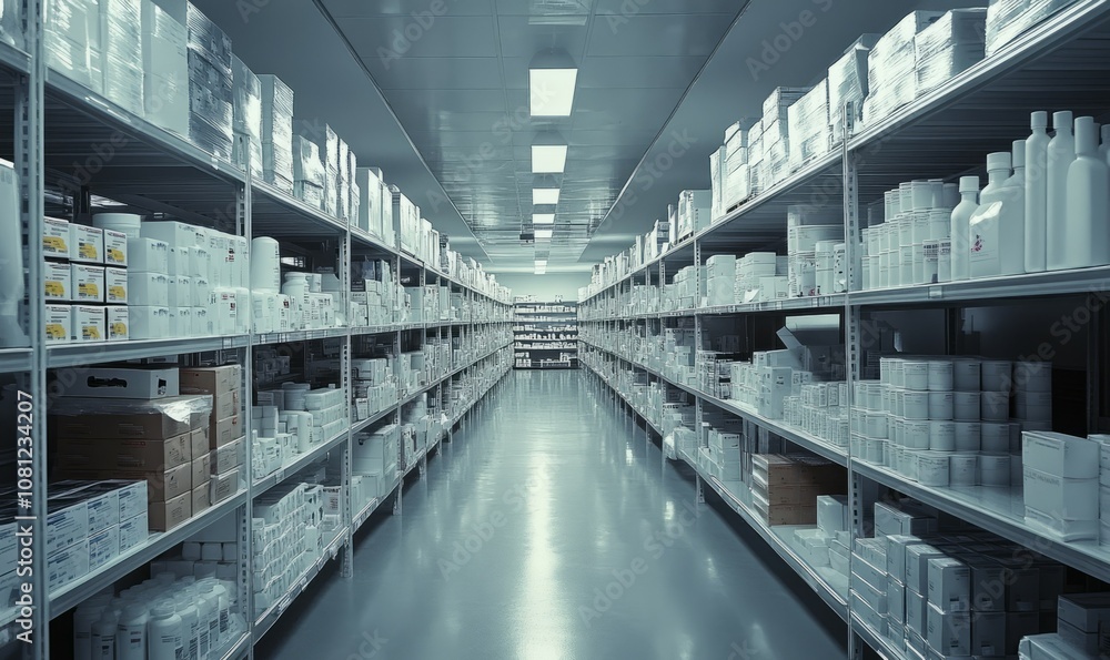 The warehouse features long rows of organized shelves filled with pharmaceutical products, showcasing a bright and orderly environment ideal for efficient operations The warehouse features long rows of organized shelves filled with pharmaceutical products, showcasing a bright and orderly environment ideal for efficient operations