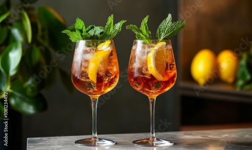 These two Hugo Spritz cocktails feature ice, garnished with fresh mint leaves and lemon slices, creating a vibrant and refreshing summer drink perfect for enjoyment