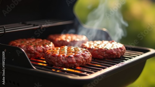 Wallpaper Mural Juicy beef patties sizzle on a hot grill outdoors, releasing delicious smoky aromas. Concept of grilling and summer barbecue.

 Torontodigital.ca