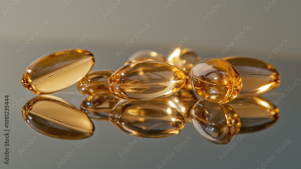 Golden Omega-3 Fish Oil Capsules Reflecting Light for Health and Wellness Golden Omega-3 Fish Oil Capsules Reflecting Light for Health and Wellness
