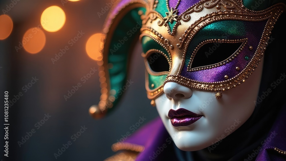custom made wallpaper toronto digital An ornate Mardi Gras jester mask in rich purple, green, and gold, is artfully lit against a warm bokeh background. Concept of Mardi Gras celebration