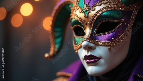 Wallpaper Mural  An ornate Mardi Gras jester mask in rich purple, green, and gold, is artfully lit against a warm bokeh background. Concept of Mardi Gras celebration Torontodigital.ca