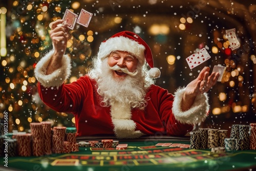 Santa Claus winning at poker in a casino, celebrating a lucky Christmas and New Year 2025. 