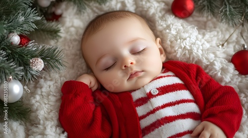 Sweet sleeping baby in red festive attire among holiday decorations.