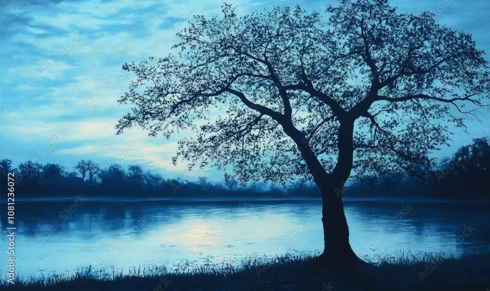 Twilight silhouette of lone tree by water Twilight silhouette of lone tree by water