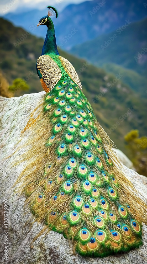 Obraz premium Stunning peacock displaying its vibrant feathers atop a rock in a mountainous landscape
