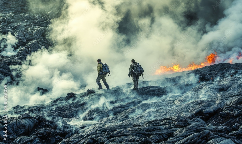 Two adventurers crossing a bubbling volcanic stream, with steam rising from the hot water and dark lava-covered terrain surrounding them Two adventurers crossing a bubbling volcanic stream, with steam rising from the hot water and dark lava-covered terrain surrounding them