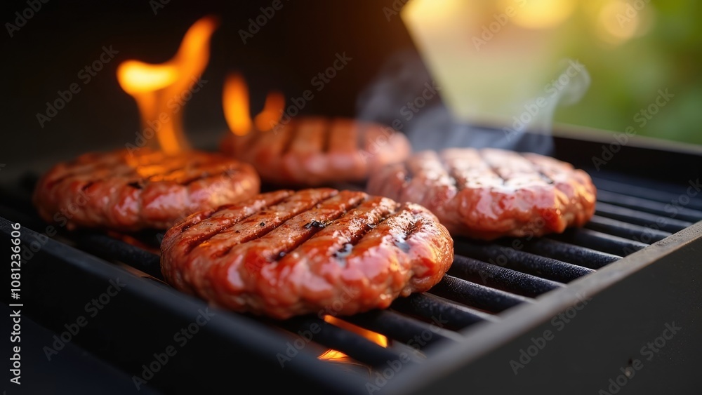  Close-up of four delicious burger patties grilling on a barbecue, with flames visible below.  Concept of summer grilling and delicious food.