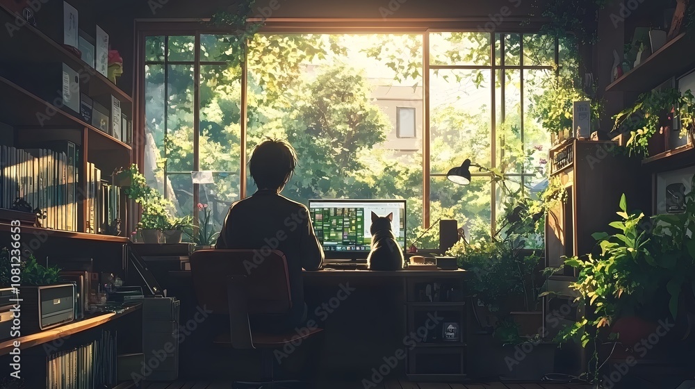 Young Asian male sitting at desk with cat, surrounded by greenery in a cozy home office. Young Asian male sitting at desk with cat, surrounded by greenery in a cozy home office.