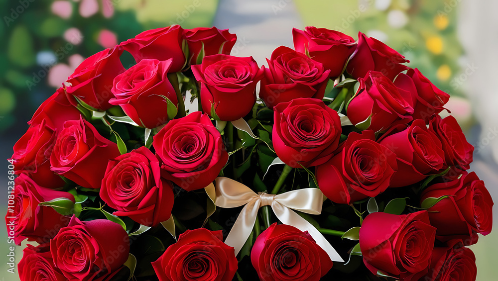 A bouquet of red roses with a white satin ribbon, arranged in a heart shape, against a blurred green background. A bouquet of red roses with a white satin ribbon, arranged in a heart shape, against a blurred green background.