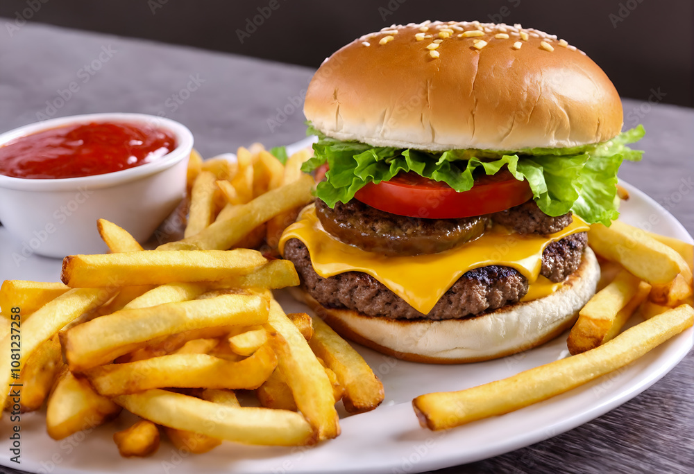 Fast food hamburger with french fries on table. Fast food hamburger with french fries on table.