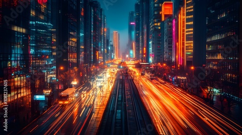 Vibrant cityscape at night with glowing skyscrapers and bustling traffic.