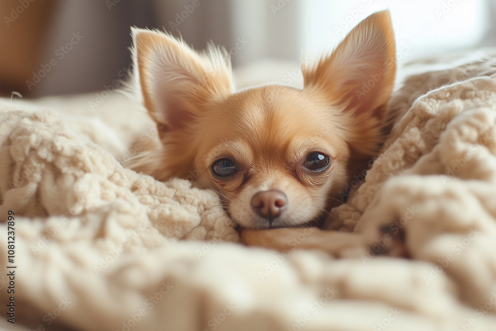 A adorable a Chihuahua puppy sleeping soundly. The dog's relaxed posture A adorable a Chihuahua puppy sleeping soundly. The dog's relaxed posture