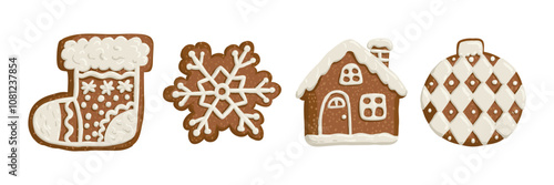 Set of Christmas gingerbread is drawn in a flat style. Holiday, sweets, pastries. Hand drawn vector illustration.