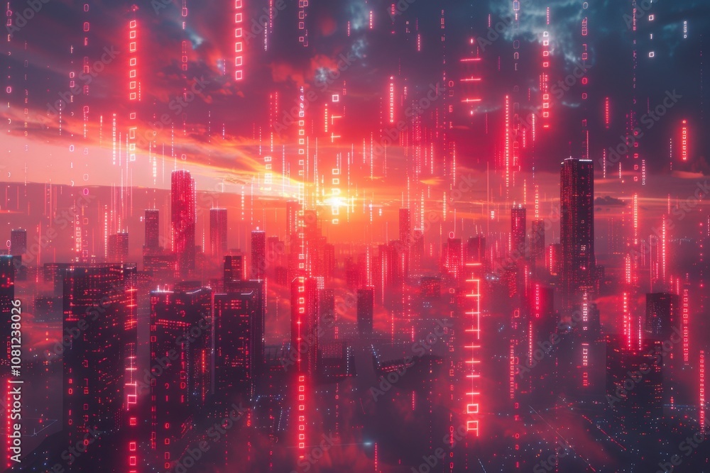 Futuristic city with red lights and skyscrapers in the background
