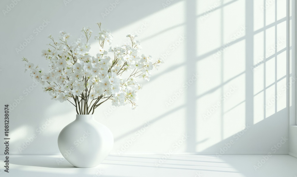 White flowers in a vase on a white background in a room. current interior decoration White flowers in a vase on a white background in a room. current interior decoration
