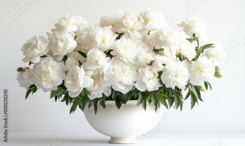 White vase filled with lots of white flowers. Photo of white Peonies in white vase on white background. Space for text