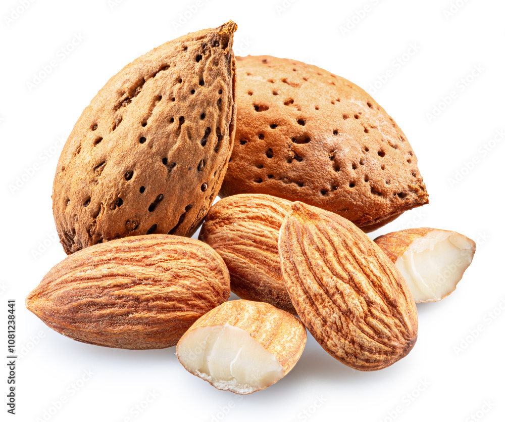 Almond nuts in shell and cracked almonds isolated on white background. File contains clipping path. Almond nuts in shell and cracked almonds isolated on white background. File contains clipping path.