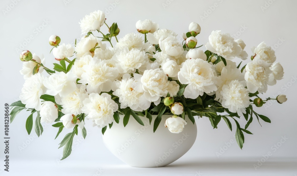 White vase filled with lots of white flowers. Photo of white Peonies in white vase on white background. Space for text White vase filled with lots of white flowers. Photo of white Peonies in white vase on white background. Space for text