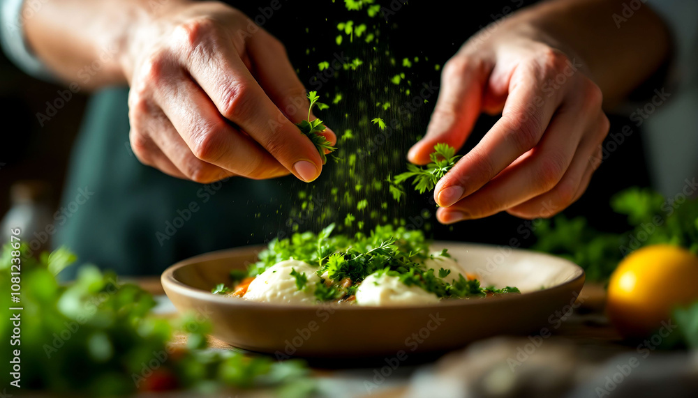 Hands sprinkling fresh herbs over a dish, adding flavor and freshness to the meal Hands sprinkling fresh herbs over a dish, adding flavor and freshness to the meal