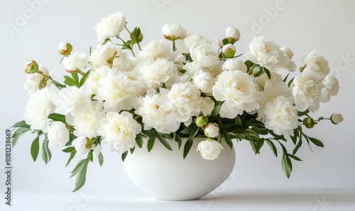 White vase filled with lots of white flowers. Photo of white Peonies in white vase on white background. Space for text