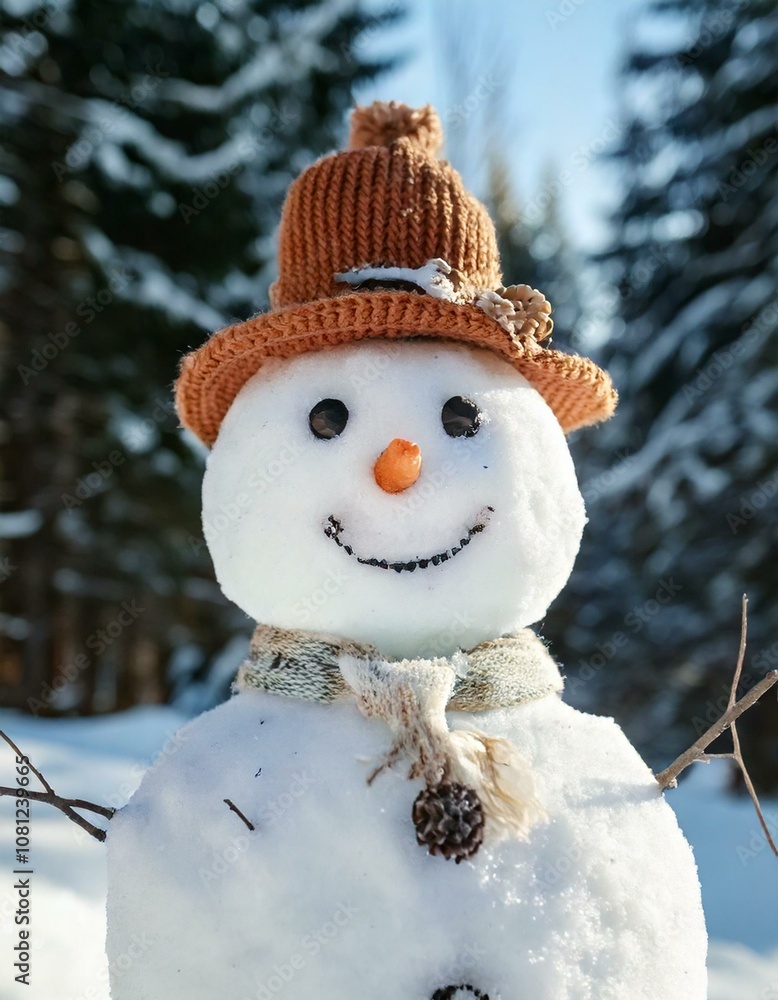 Fototapeta premium A Closed-Up Shot of A Happy Snowman. Copy space