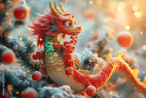 A cute, red dragon with golden horns and green scales sits amongst a snowy pine tree adorned with red baubles, basking in the warm glow of the sun.