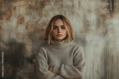 A woman stands confidently against a textured wall wearing a chic gray sweater, embodying calm and poise, captured in a modern, minimalist style portrait.