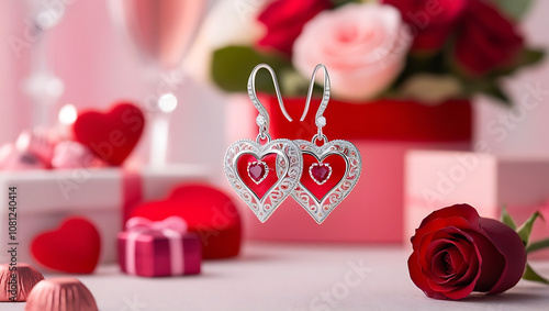 A pair of silver heart earrings with red gemstones, surrounded by Valentine's Day gifts, chocolates, and roses. photo