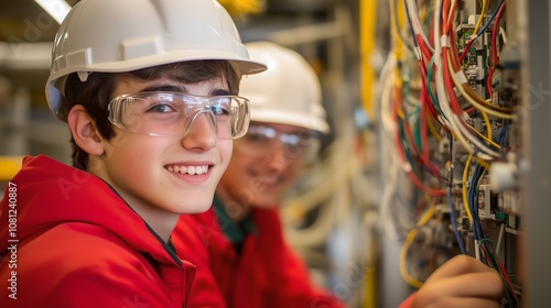 Young electrician students smiling while doing work practices, concept of vocational training