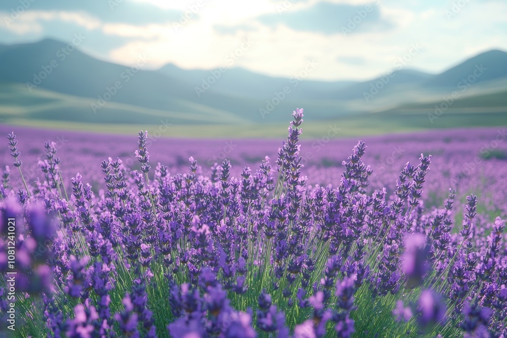 Obraz premium A close-up view of a field of lavender flowers in bloom, with a mountain range in the background. The sun is shining brightly, casting a warm glow over the scene.