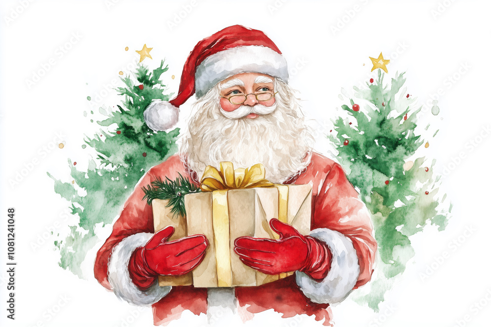 Watercolor image of Santa Claus with gifts by the Christmas tree Watercolor image of Santa Claus with gifts by the Christmas tree